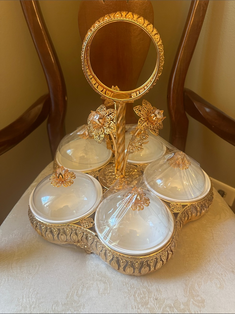 New amazing Middle Eastern gold-toned metal, ceramic, plastic snack serving tray
